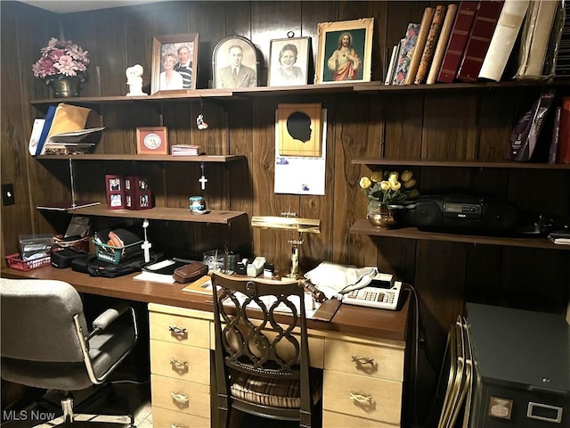 office with built in desk and wood walls