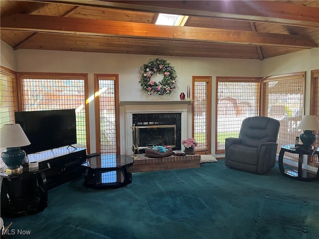 living area featuring wooden ceiling, carpet, and vaulted ceiling with beams