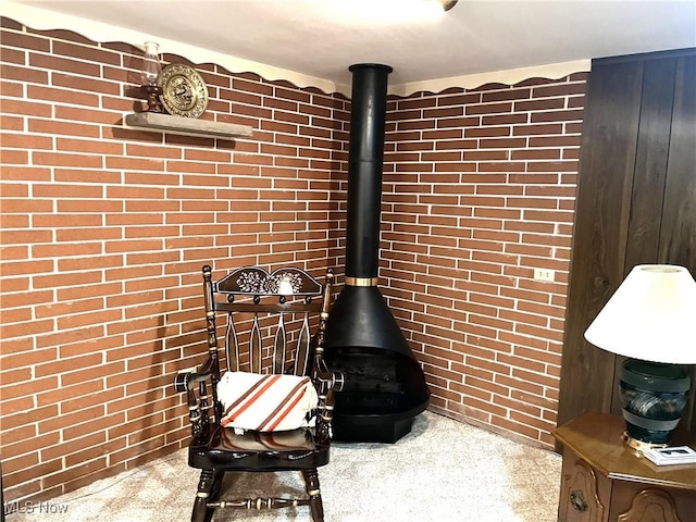 room details featuring a wood stove and speckled floor