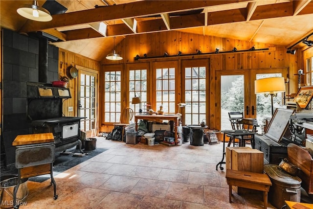 1000 Coon Fork Rd, Arnoldsburg, WV 25234 - interior space featuring lofted ceiling, wooden walls, french doors, and a wood stove