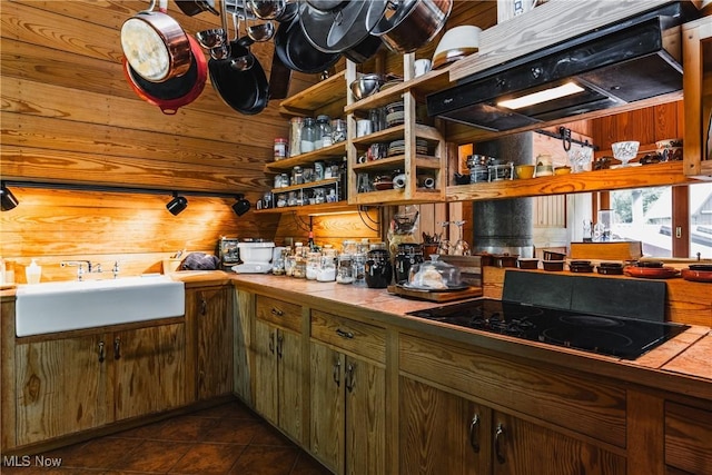 1000 Coon Fork Rd, Arnoldsburg, WV 25234 - kitchen featuring tile countertops, a sink, black electric cooktop, dark tile patterned floors, and wood walls