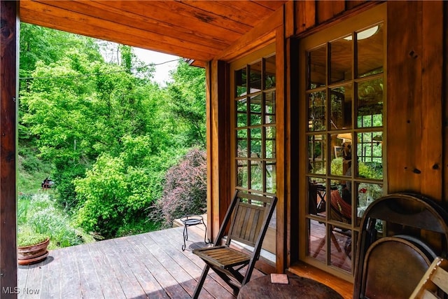 1000 Coon Fork Rd, Arnoldsburg, WV 25234 - doorway to outside with vaulted ceiling, wooden ceiling, and hardwood / wood-style floors