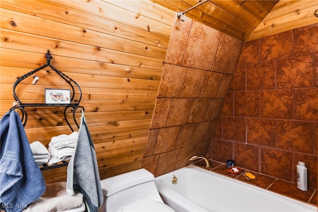 1000 Coon Fork Rd, Arnoldsburg, WV 25234 - bathroom featuring lofted ceiling, bathing tub / shower combination, and wood ceiling