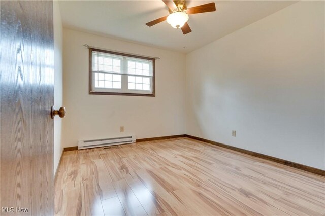 79 Windy Point Dr, Waterford, OH 45786 - unfurnished room with baseboards, light wood-style flooring, a ceiling fan, and a baseboard radiator