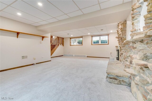 79 Windy Point Dr, Waterford, OH 45786 - basement with stairs, carpet, a drop ceiling, visible vents, and a baseboard radiator