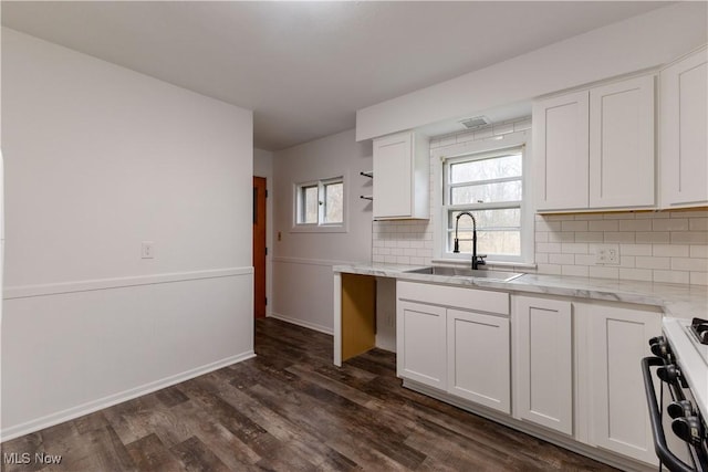 2955 Noel Dr, Youngstown, OH 44509 - kitchen with dark wood finished floors, decorative backsplash, range with gas cooktop, a sink, and white cabinets
