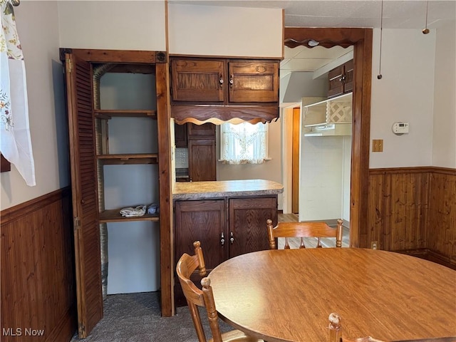 unfurnished dining area with a wainscoted wall, carpet flooring, and wood walls