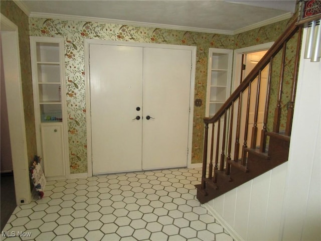 3701 Villa Marie Rd, Lowellville, OH 44436 - entryway with stairs, wallpapered walls, and crown molding