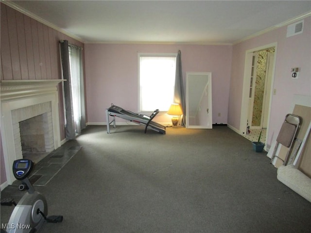 3701 Villa Marie Rd, Lowellville, OH 44436 - interior space with carpet flooring, crown molding, a fireplace, and visible vents