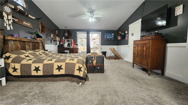 53525 Somerton Hwy, Jerusalem, OH 43747 - bedroom with carpet floors, a wainscoted wall, vaulted ceiling, and a ceiling fan