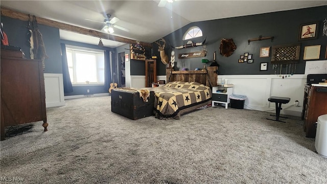 53525 Somerton Hwy, Jerusalem, OH 43747 - bedroom with carpet flooring, lofted ceiling, wainscoting, and a ceiling fan