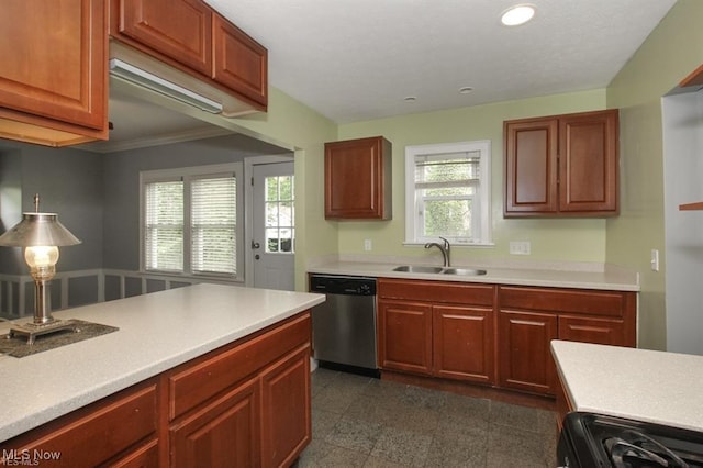 kitchen with light countertops, a sink, black range with electric stovetop, granite finish floor, and stainless steel dishwasher