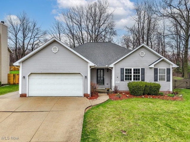single story home with a front lawn, fence, a garage, and concrete driveway