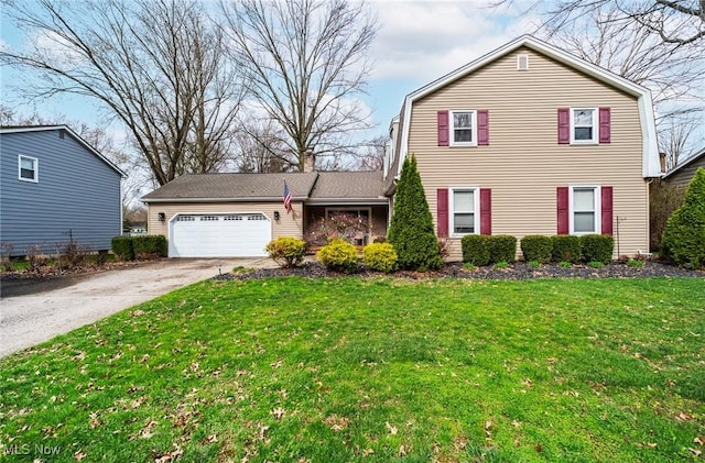 view of front of property featuring an attached garage, concrete driveway, a gambrel roof, and a front yard
