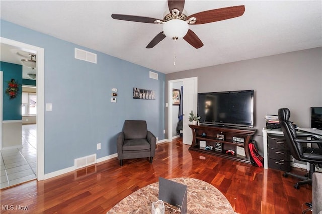 office featuring a ceiling fan, wood finished floors, and visible vents