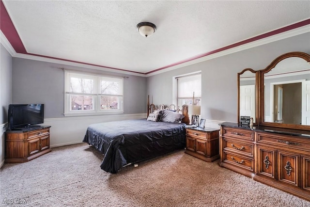 bedroom featuring light colored carpet, a textured ceiling, and crown molding