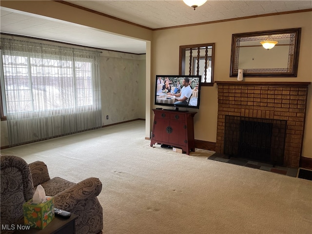 23314 Frostyville Rd, Caldwell, OH 43724 - living room featuring carpet flooring, a textured ceiling, a brick fireplace, baseboards, and ornamental molding
