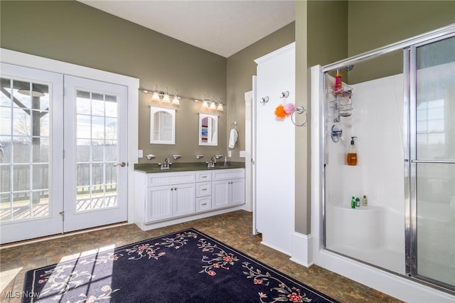 35955-35959 Bower Rd, Scio, OH 43988 - bathroom featuring double vanity, a sink, a stall shower, and stone finish flooring