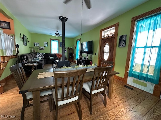 35955-35959 Bower Rd, Scio, OH 43988 - dining space with baseboards, visible vents, ceiling fan, and light wood-style flooring