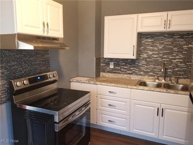kitchen with white cabinetry, backsplash, under cabinet range hood, stainless steel range with electric cooktop, and a sink
