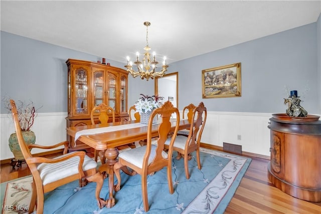 6722 Silvermound Dr, Mentor, OH 44060 - dining area with a chandelier, a wainscoted wall, and wood finished floors