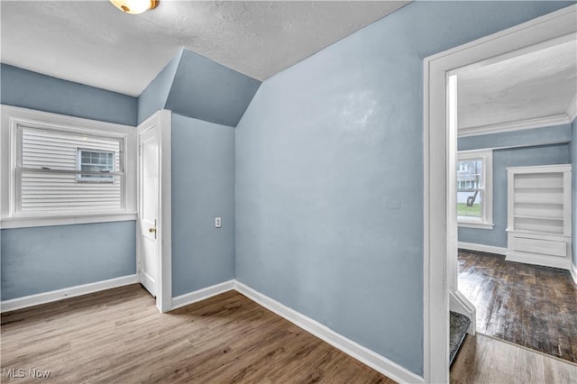 additional living space with baseboards, wood finished floors, and a textured ceiling