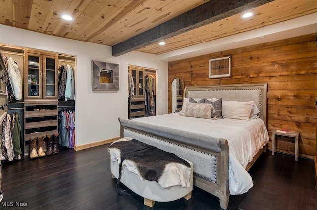 bedroom with dark wood-style floors, wood ceiling, and recessed lighting