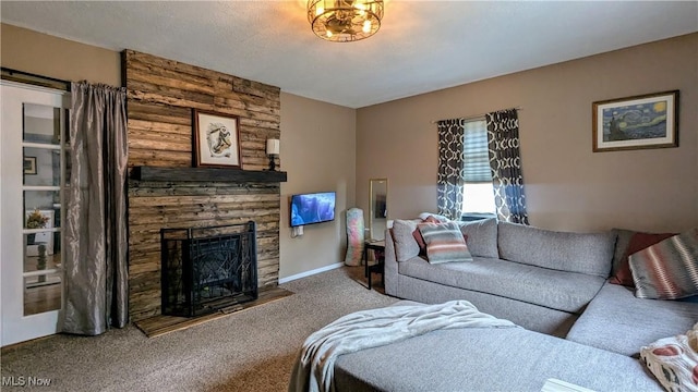 carpeted living room with baseboards and a fireplace