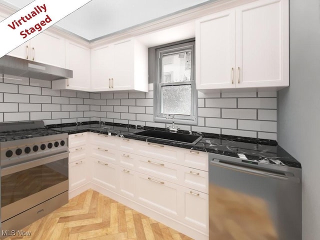 119 Erie St, Elyria, OH 44035 - kitchen featuring a sink, white cabinets, under cabinet range hood, and appliances with stainless steel finishes