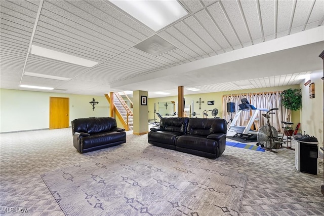 174 N Broad St, Canfield, OH 44406 - carpeted living area with baseboards and stairway