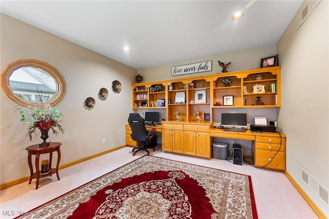 174 N Broad St, Canfield, OH 44406 - office space with recessed lighting, built in study area, visible vents, baseboards, and light colored carpet