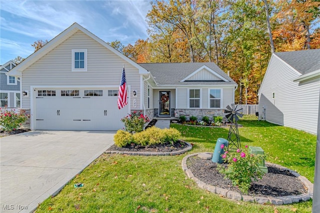 ranch-style house with a front yard, stone siding, a garage, and driveway