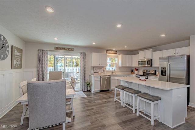 kitchen with a sink, appliances with stainless steel finishes, white cabinetry, a wainscoted wall, and a kitchen island