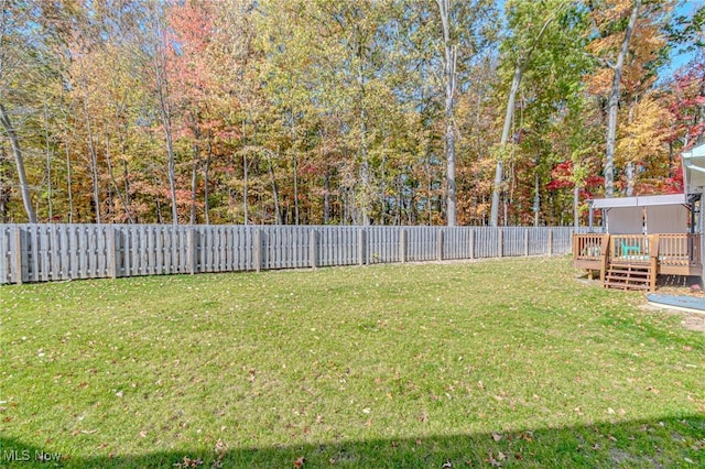 view of yard featuring a fenced backyard and a wooden deck