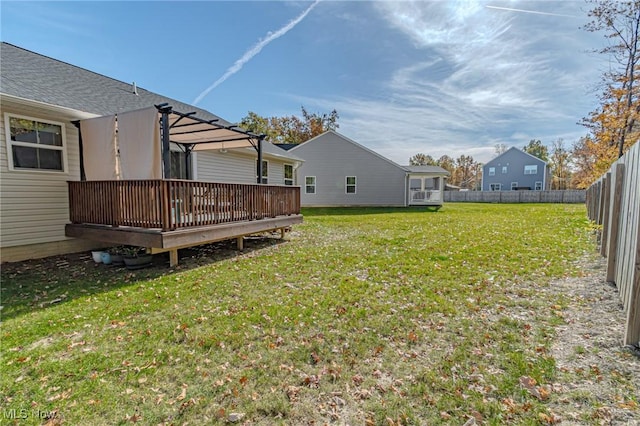 view of yard featuring fence and a wooden deck