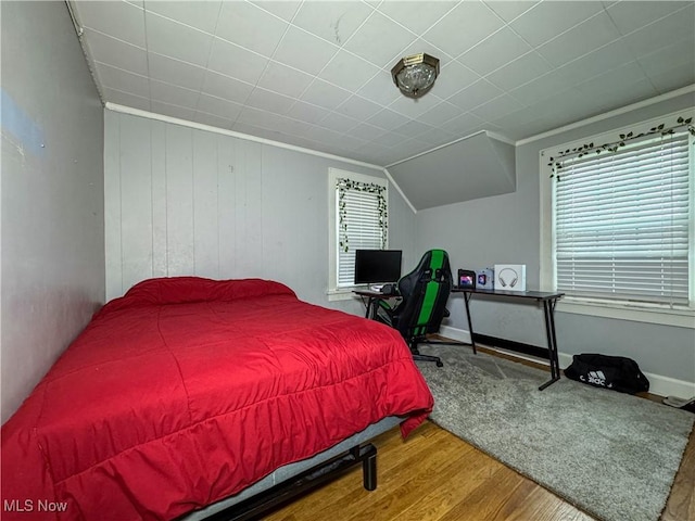bedroom with multiple windows, baseboards, and wood finished floors