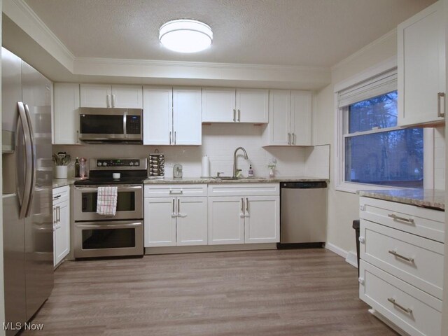 kitchen with a sink, ornamental molding, appliances with stainless steel finishes, and light wood finished floors