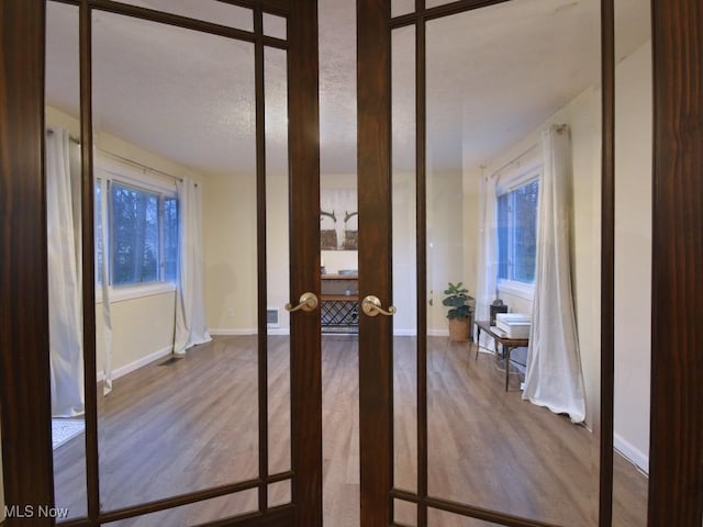hallway with plenty of natural light, french doors, baseboards, and wood finished floors