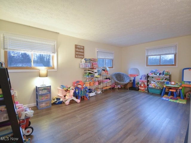 game room with a textured ceiling and wood finished floors
