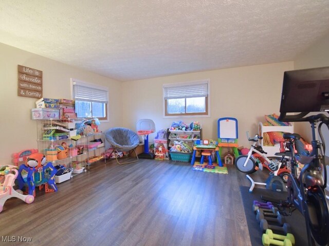 recreation room with plenty of natural light, wood finished floors, and a textured ceiling