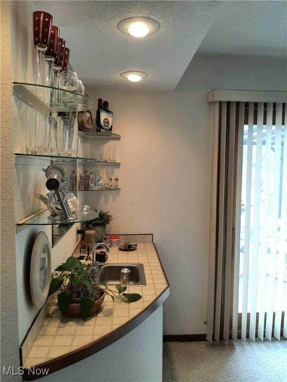 interior space featuring a sink, carpet floors, and baseboards
