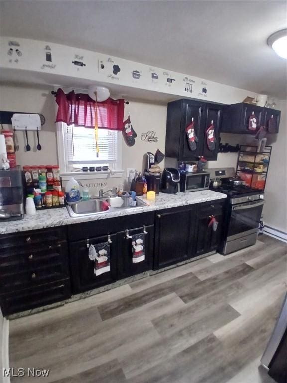 181 E Judson Ave, Youngstown, OH 44507 - kitchen with stainless steel appliances, a sink, light wood-type flooring, and dark cabinets