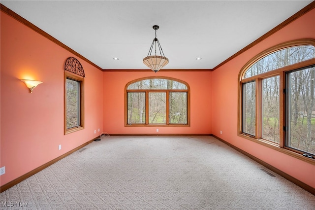 spare room featuring ornamental molding, baseboards, carpet, and visible vents