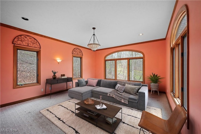living room with recessed lighting, carpet flooring, baseboards, and ornamental molding