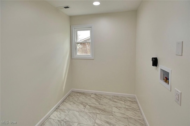 washroom featuring marble finish floor, laundry area, visible vents, hookup for a washing machine, and baseboards