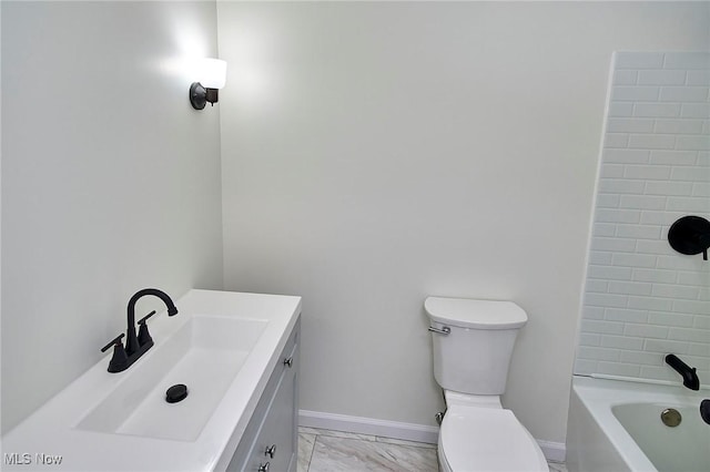 full bathroom featuring marble finish floor, toilet, vanity, and baseboards