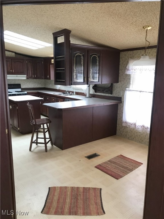 kitchen featuring dark brown cabinetry, light floors, a peninsula, gas range gas stove, and under cabinet range hood