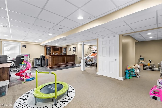 218 Canterbury Ct, Columbiana, OH 44408 - game room featuring baseboards, carpet, recessed lighting, bar, and a drop ceiling