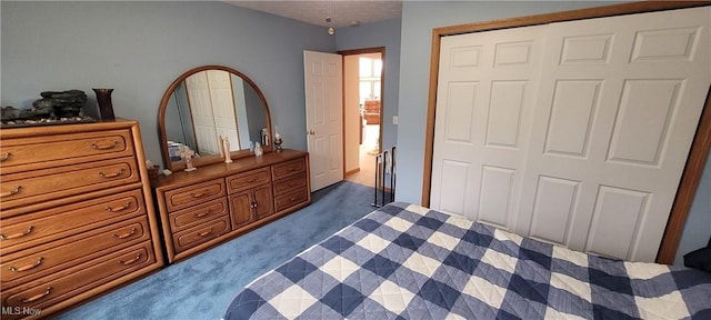 bedroom featuring dark colored carpet and a closet