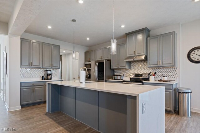 5454 Schueller Blvd, Sheffield Village, OH 44054 - kitchen featuring a sink, appliances with stainless steel finishes, light wood-style floors, under cabinet range hood, and gray cabinetry
